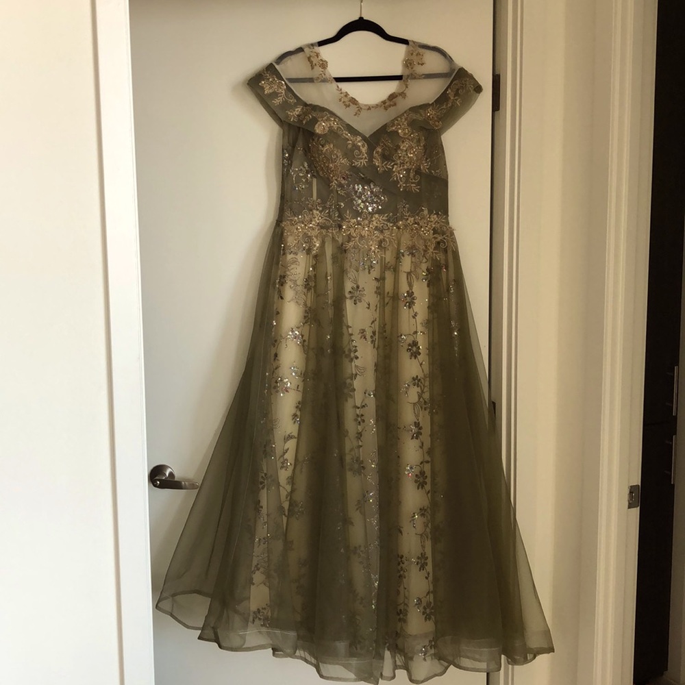 Exquisite beaded gown. Fully lined. Size 14-16.  Lace up back. Moss gray green.